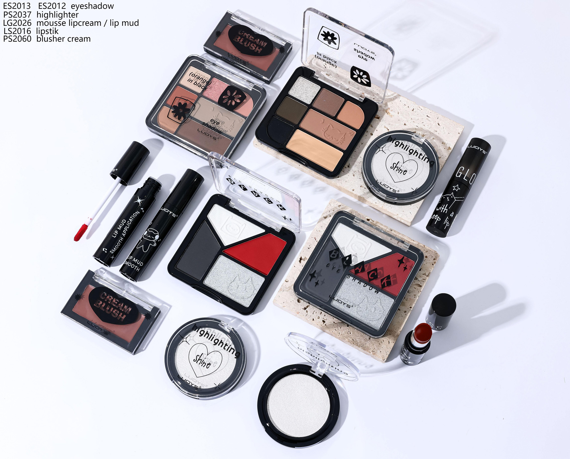 ES2013 ES2012 eyeshadow PS2037 highlighter LG2026 mousse lipcream / lip mud LS2016 lipstick PS2060 blusher cream