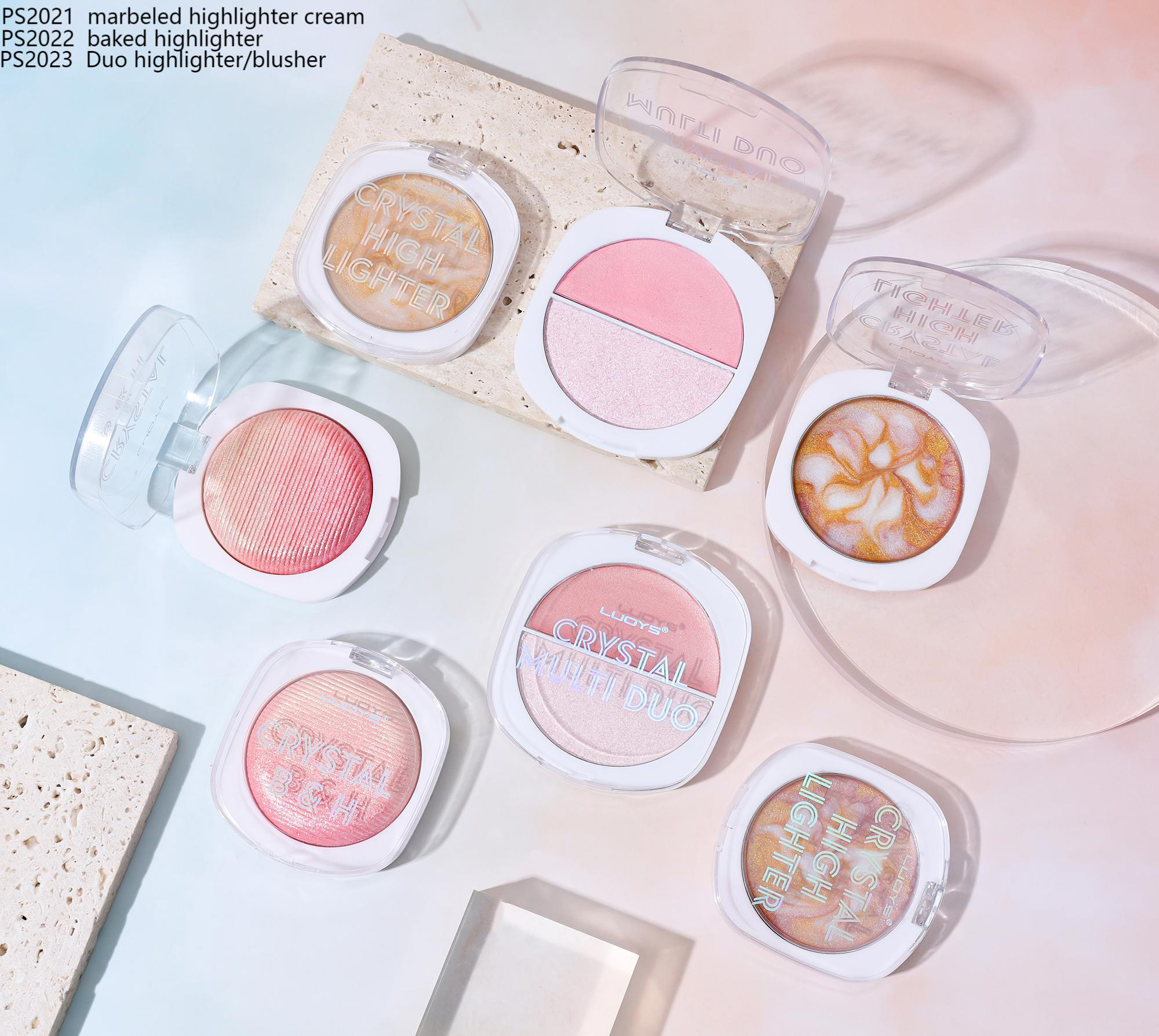 PS2021 marbeled highlighter cream PS2022 baked highlighter PS2023 Duo highlighter/blusher